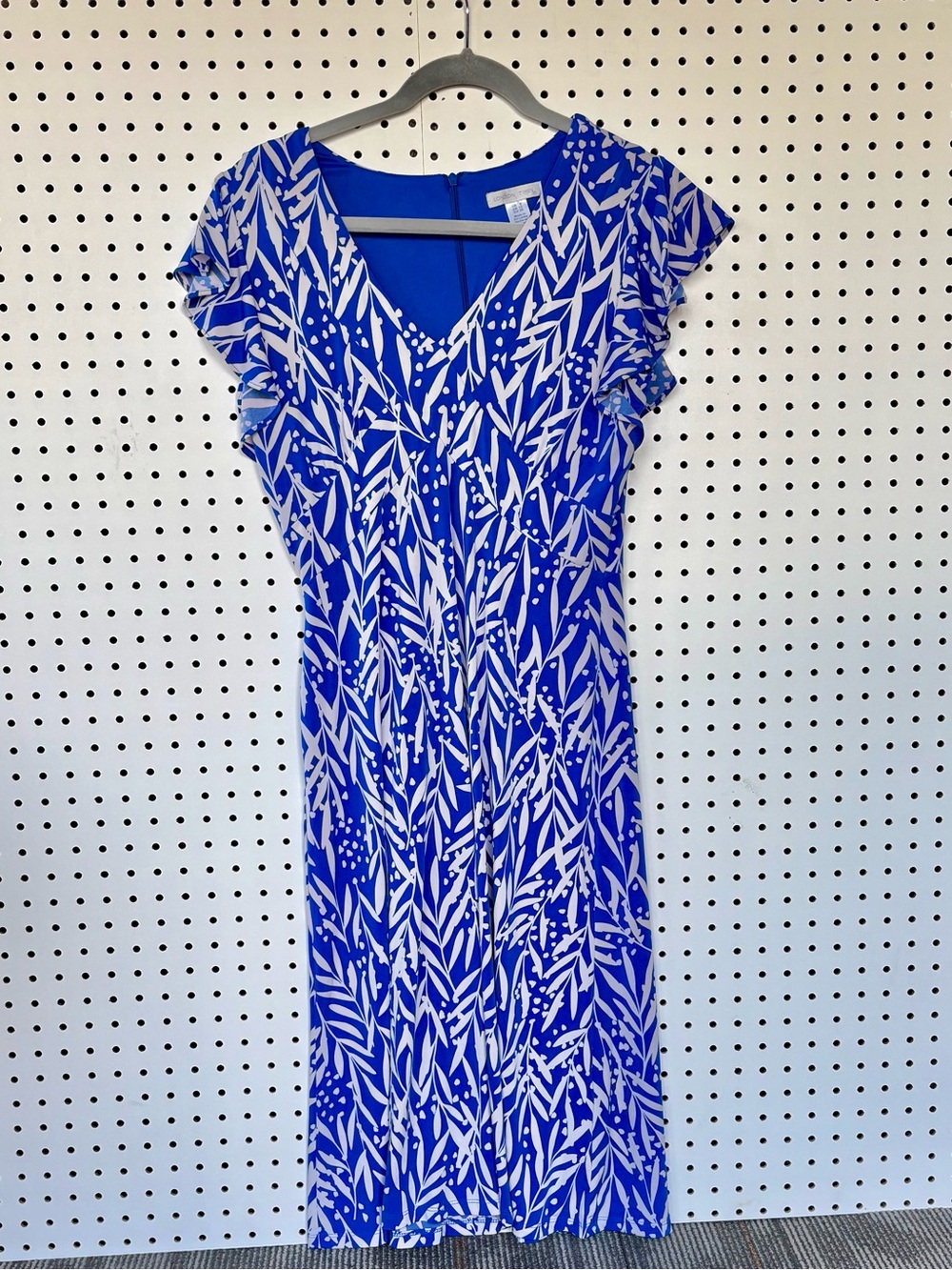 London Times Blue & White V-Neck Leaf Printed Midi Dress Size 8